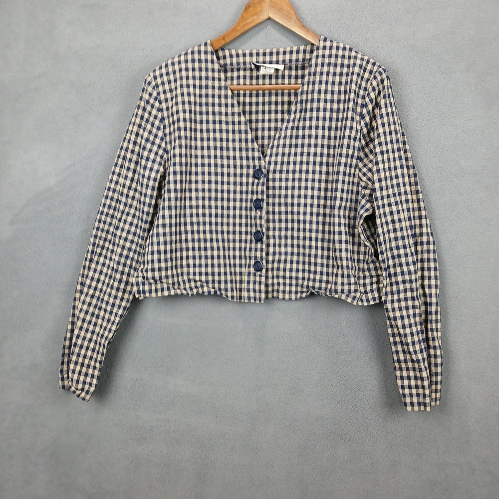 Robert Stevens Cropped Jacket Womens Large Tan Navy‎ Blue Gingham Button Front